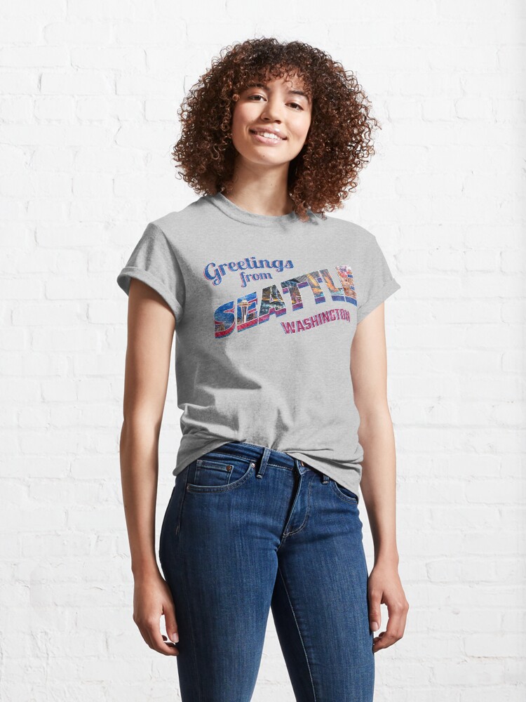 Alternate view of Seattle Gift Souvenir | Greetings from Seattle, WA Vintage Postcard-style Design Classic T-Shirt