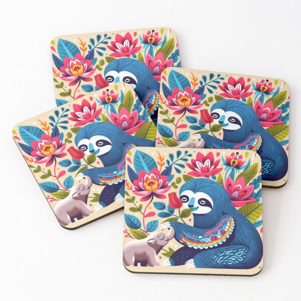Item preview, Scandinavian Folk Art cute blue Sloth with tiny elephant friend designed and sold by FOLK ART FUSION by heidiannemorris.