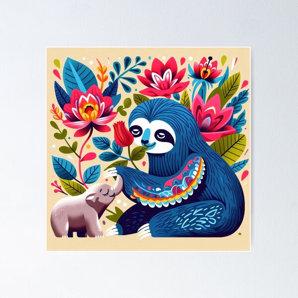 Item preview, Scandinavian Folk Art cute blue Sloth with tiny elephant friend designed and sold by FOLK ART FUSION by heidiannemorris.