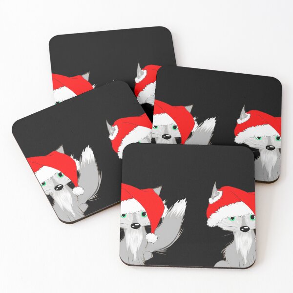 Item preview, Christmas fox b&w with red santa hat and green eyes designed and sold by AH74-17.