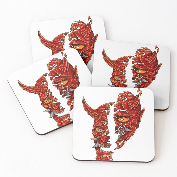 Item preview, Broken/cut in half red Hannya Traditional Japan Demon Oni Mask designed and sold by ZaniokoDesign.