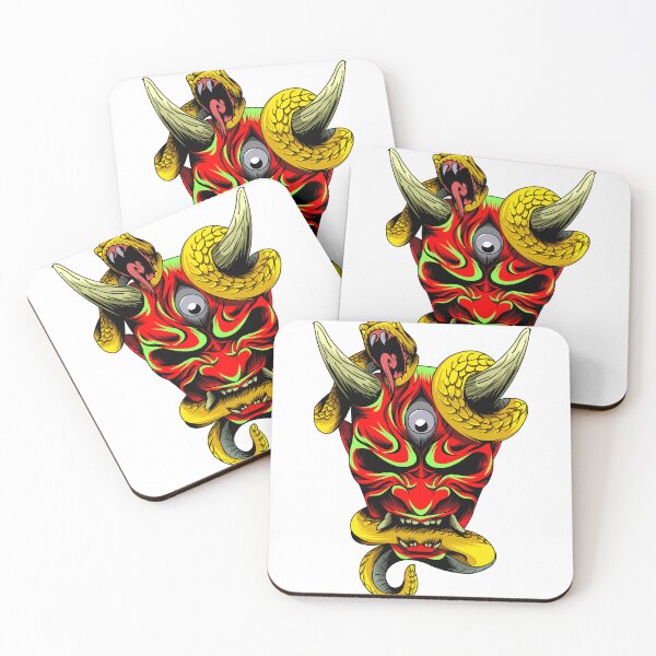 Item preview, Red Hannya Traditional Japan Demon Oni Mask with yellow snake designed and sold by ZaniokoDesign.