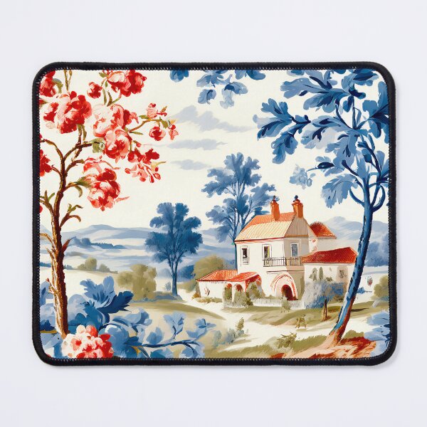 Item preview, FRENCH TOILE DE JOUY LANDSCAPE / Gift items and personal use / Toile De Jouy Landscape, Nature, House, Trees, Mountains, Flowers, Red, Blue, Art designed and sold by LumDesignArt.