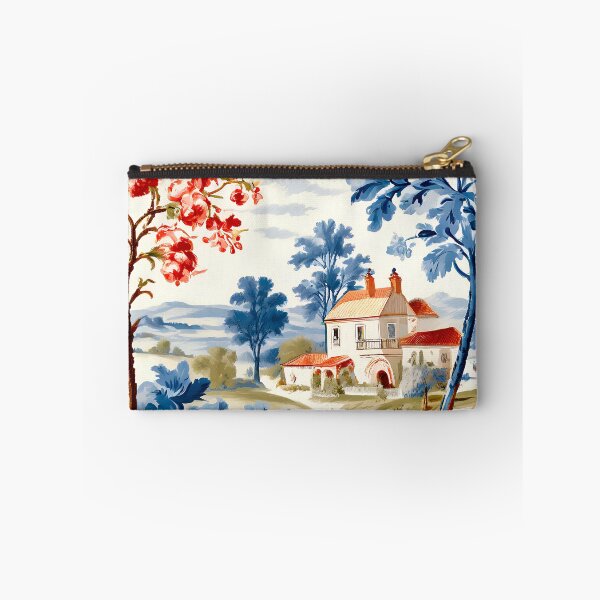 Item preview, FRENCH TOILE DE JOUY LANDSCAPE / Gift items and personal use / Toile De Jouy Landscape, Nature, House, Trees, Mountains, Flowers, Red, Blue, Art designed and sold by LumDesignArt.