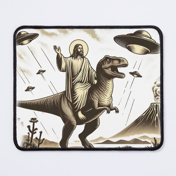 Item preview, humorous illustration of Jesus riding a T-Rex designed and sold by tkhrbika.