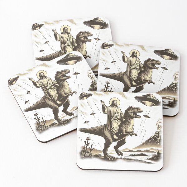 Item preview, humorous illustration of Jesus riding a T-Rex designed and sold by tkhrbika.