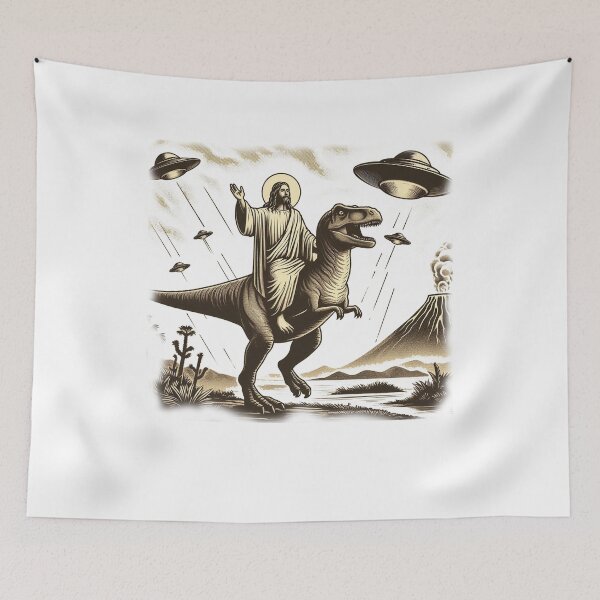 Item preview, humorous illustration of Jesus riding a T-Rex designed and sold by tkhrbika.