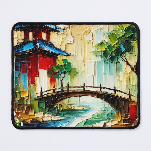 Artikelvorschau, Japanische Pagode und Brücke abstrakte Palette Messer Malerei entworfen und verkauft von SakuraJapanArt.