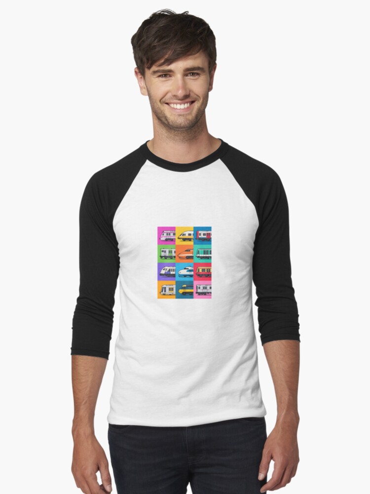 Imagen 1 de 3, Camiseta ¾ estilo béisbol con la obra Patrón de cuadrícula de trenes mundiales, diseñada y vendida por VoodooCircus.