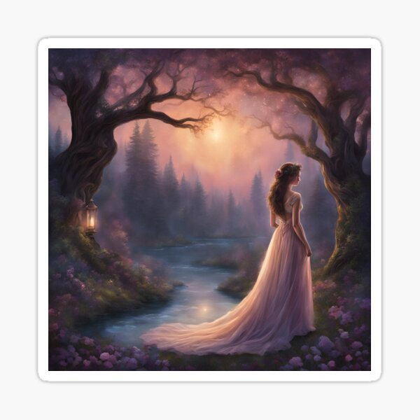 Item preview, Twilight Serenity: A Heavenly Dreamscape with a Graceful Woman in a Pink Gown by the River designed and sold by Meta2Physical.