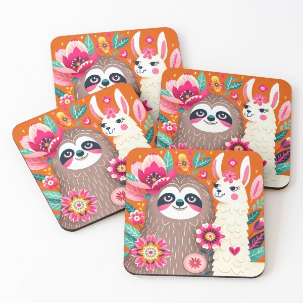 Item preview, Scandinavian Folk Art cute smiling Sloth with Llama designed and sold by FOLK ART FUSION by heidiannemorris.