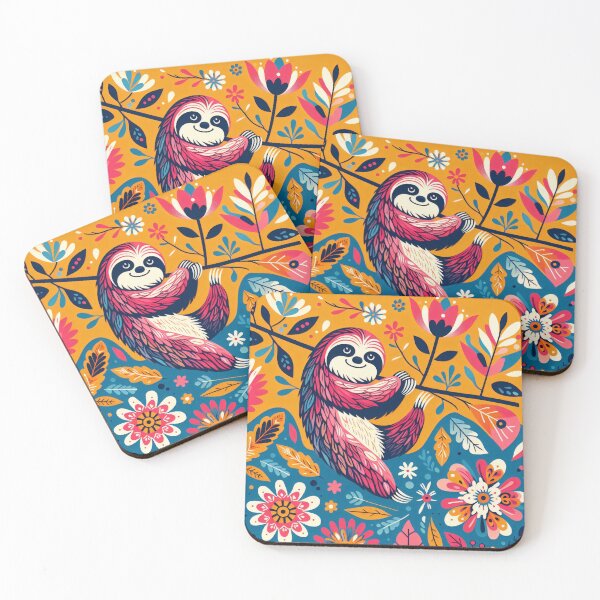 Item preview, Scandinavian Folk Art cute pretty happy Sloth just hanging out by heidiannemorris designed and sold by FOLK ART FUSION by heidiannemorris.