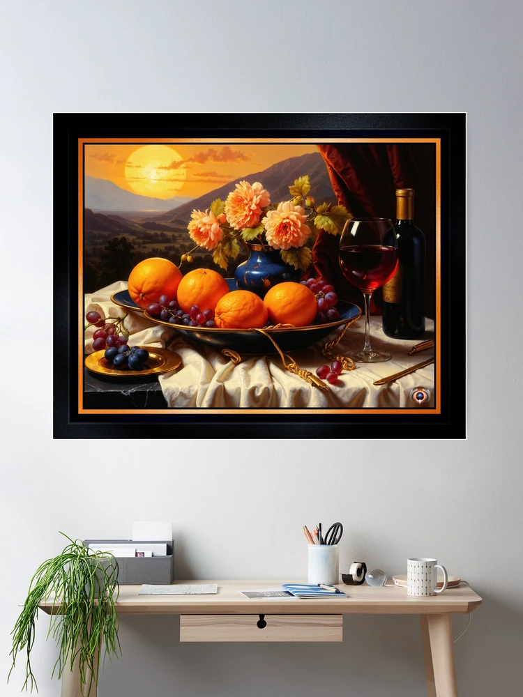 Exquisite Dahlias With Wine And Oranges Still Life Scene Beautiful AI Concept Art by Xzendor7 Wall Decor Power Art Print