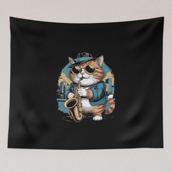 Item preview, Cool Jazz Cat in the City: Vintage Cat Art with Saxophone designed and sold by love3617.