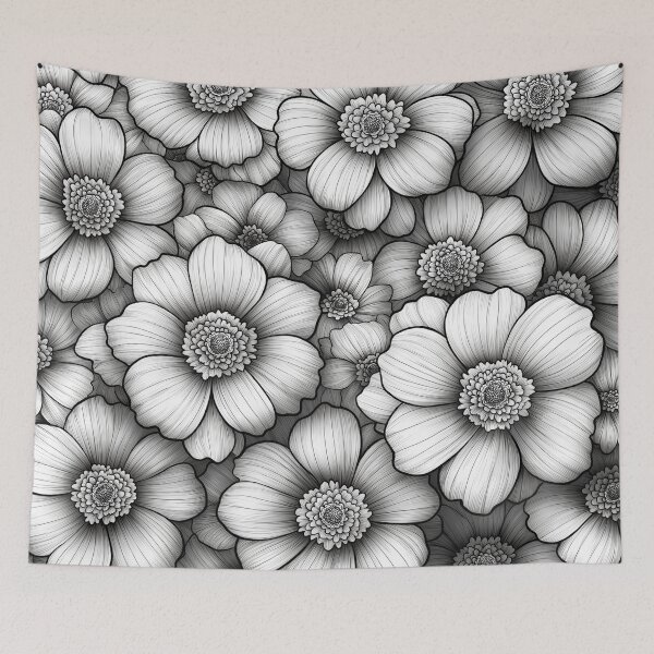 Item preview,  A seamless pattern of delicate flowers Design rendered in black and white pen line drawing with fine shading for depth. designed and sold by HEMRO.