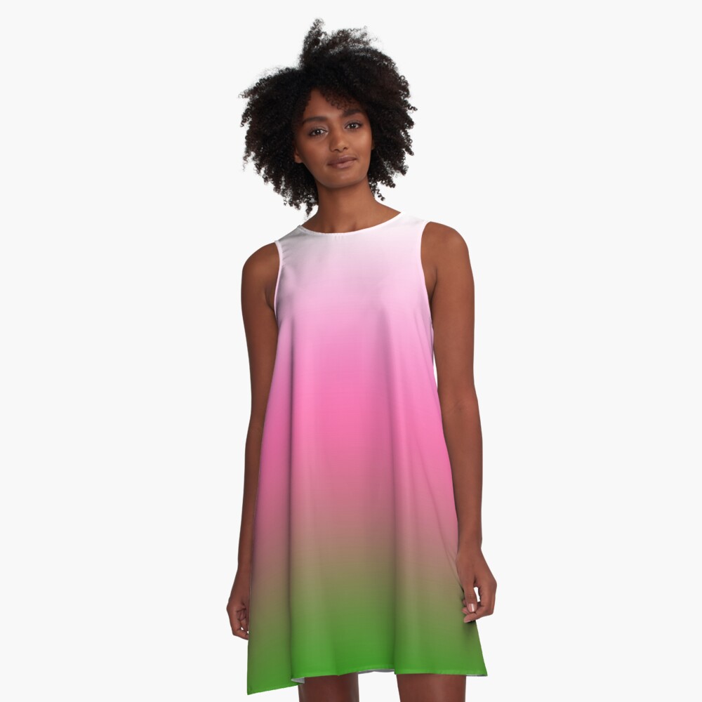 Ombre White to Pink to Green A-Line Dress
