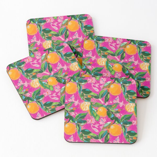 Item preview, Preppy oranges and leaves on hot pink oil painting designed and sold by SophieClimaArt.