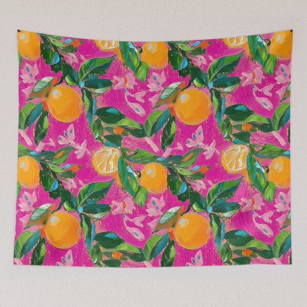 Item preview, Preppy oranges and leaves on hot pink oil painting designed and sold by SophieClimaArt.