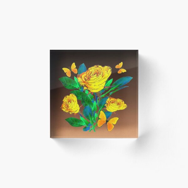 SHADED BROWN YELLOW ROSES & BUTTERFLIES ART Acrylic Block