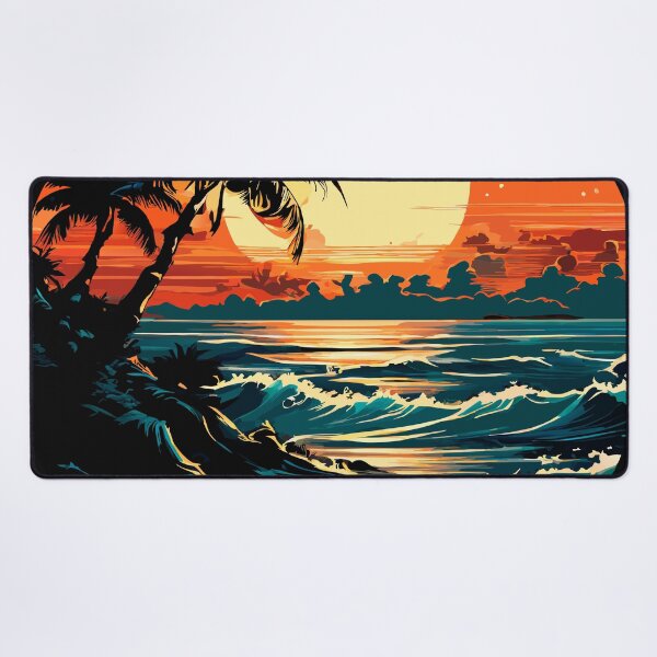Item preview, RETRO VINTAGE MOON RISING OVER THE OCEAN  / Gift items and personal use / Ocean, Moon, Sea, Palm Trees,  Water, Waves, Sunset, Travel, Digital Art,  designed and sold by LumDesignArt.