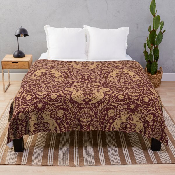 Refined Bohemian Cats - Moody Red - Arts & Craft - Victorian Celestial Throw Blanket