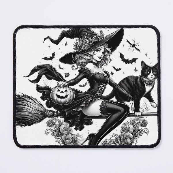 Item preview, Witch on Broom with Tuxedo Cat 0901 designed and sold by Aqualung1971.