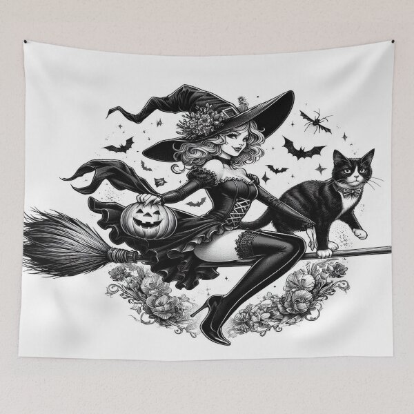 Item preview, Witch on Broom with Tuxedo Cat 0901 designed and sold by Aqualung1971.