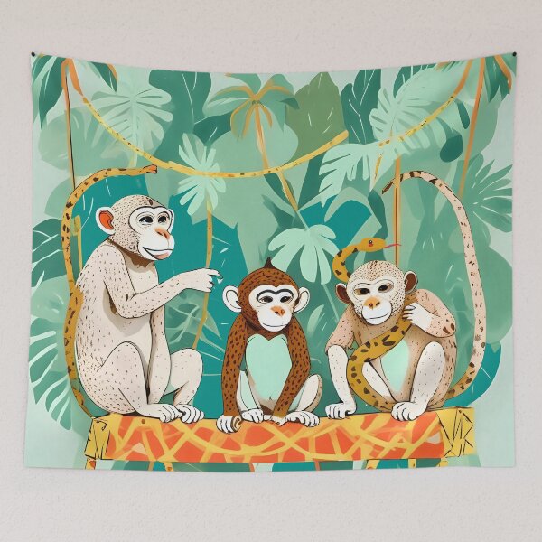Item preview, Play Date, Monkeys Jungle Playing Animals, Mischievous Wildlife Forest Tropical Nature, Funny Cute Snake Adventure, Bohemian Quirky Illustration Painting designed and sold by 83oranges.com.