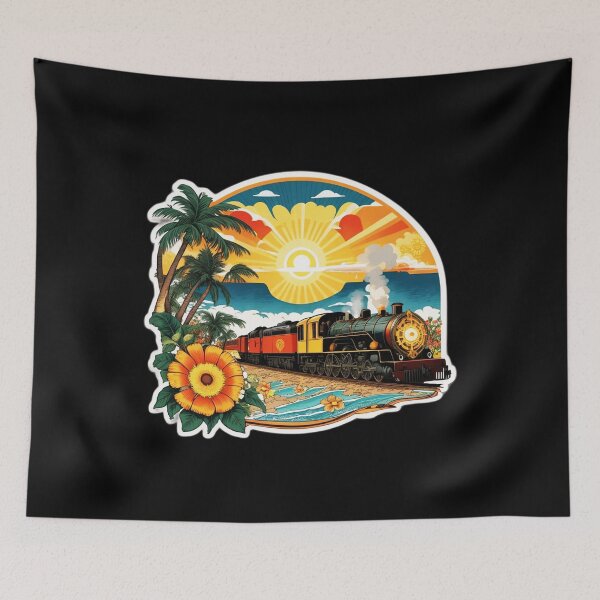 Item preview, Steam Train on a Beach at Sunset Surrounded by Hawaiian Orchids designed and sold by NautiChic.