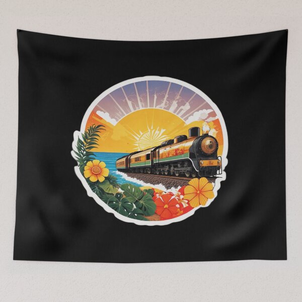 Item preview, Steam Locomotive on a Beach at Sunset Surrounded by Hawaiian Orchids designed and sold by NautiChic.