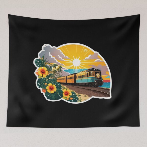 Item preview, Express Train on a Beach at Sunset Surrounded by Hawaiian Orchids designed and sold by NautiChic.