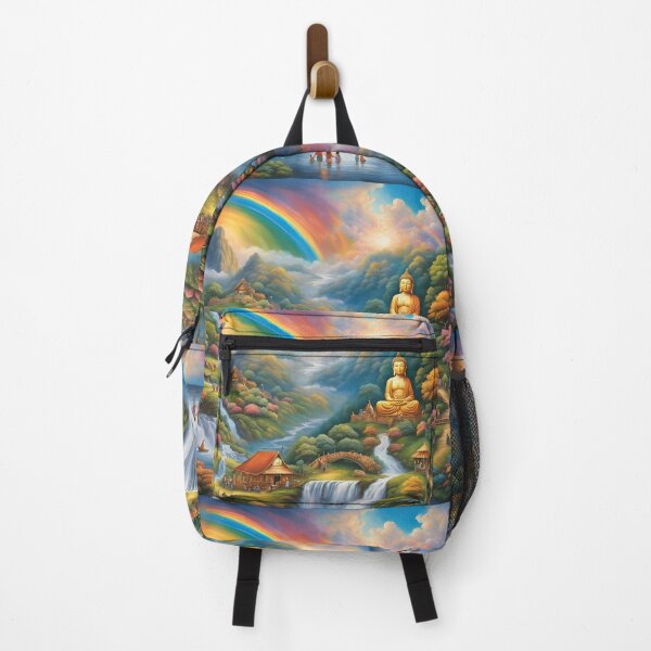 Item preview, Sacred Oasis: A Serene Buddhist Landscape with Waterfalls and Rainbow designed and sold by Meta2Physical.