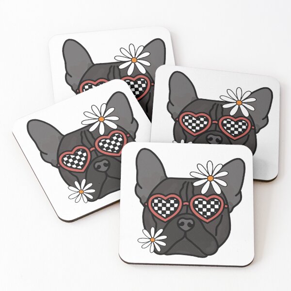 Artikelvorschau, Französische Bulldogge Black Pointer Retro Hund mit herzförmigen karierten Gläsern und weißen Blumen entworfen und verkauft von MrsCreative1.