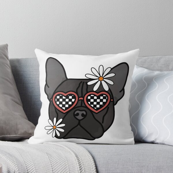 Item preview, French Bulldog Black Pointer Retro Dog with Heart Shaped Checkered Glasses and White flowers  designed and sold by MrsCreative1.