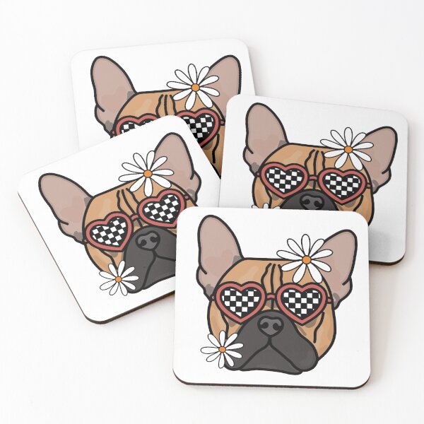 Artikelvorschau, Kopie der französischen Bulldogge Brown Pointer Retro Hund mit herzförmigen karierten Gläsern und weißen Blumen entworfen und verkauft von MrsCreative1.