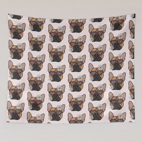 Artikelvorschau, Kopie der französischen Bulldogge Brown Pointer Retro Hund mit herzförmigen karierten Gläsern und weißen Blumen entworfen und verkauft von MrsCreative1.
