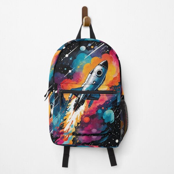 Item preview, Retro-Futuristic Rocket Ship in Vibrant Space designed and sold by ByteyCreatives.