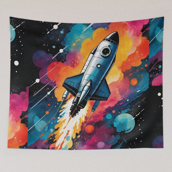 Item preview, Retro-Futuristic Rocket Ship in Vibrant Space designed and sold by ByteyCreatives.