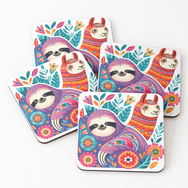 Item preview, Scandinavian Folk Art cute smiling Sloth with Llama designed and sold by FOLK ART FUSION by heidiannemorris.