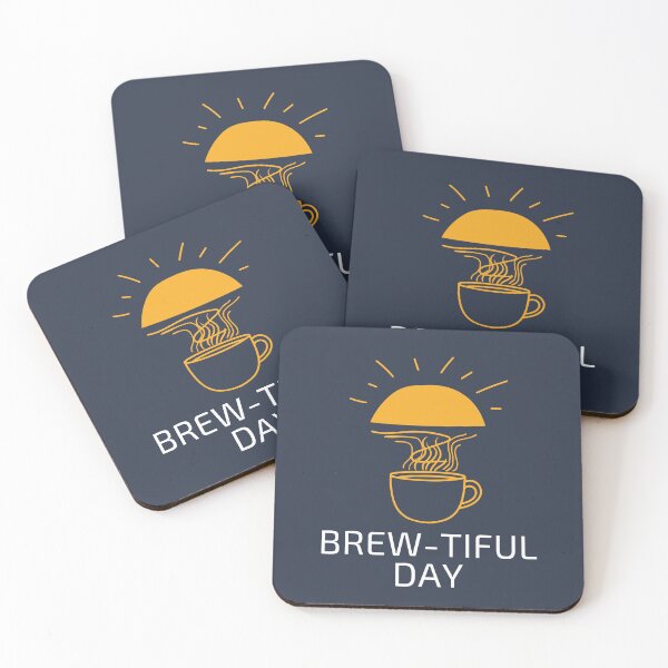 Item preview, "Brew-tiful Day" Coffee and morning inspiration with hot coffee mug and yellow rising sun against solid dark blue background designed and sold by Jacobs-Media.
