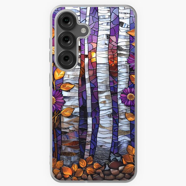 Aperçu de l'œuvre Asters et bouleaux de la Nouvelle-Angleterre en automne dans un vitrail créée et vendue par Matt's Artificial Nature.