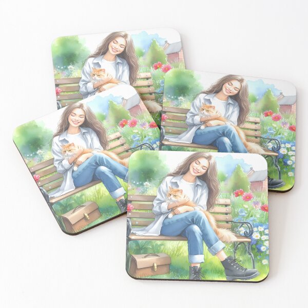 Item preview, girl with a cat on a bench designed and sold by WonderllandMaia.