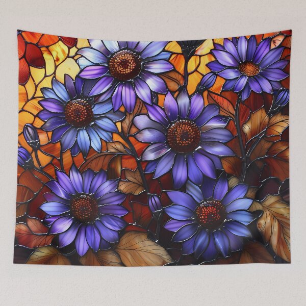 Item preview, Asteres de Nueva Inglaterra y hojas de arce azucarero en otoño en vidrieras designed and sold by Matt's Artificial Nature.