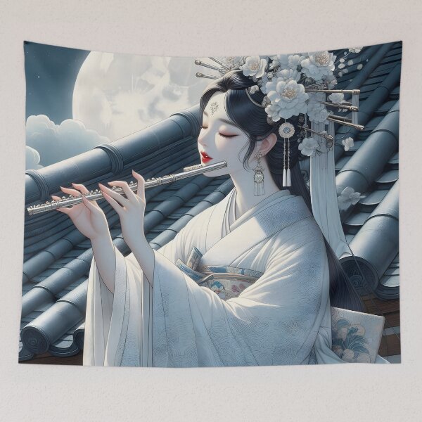 Item preview, Beautiful Asian Lady Playing Flute Under Moonlight – Elegant Art Design designed and sold by PandaTShirtShop.