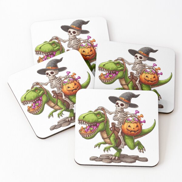Item preview, Witch Skeleton Riding T-Rex with Halloween Candy designed and sold by Quirky Shirts.