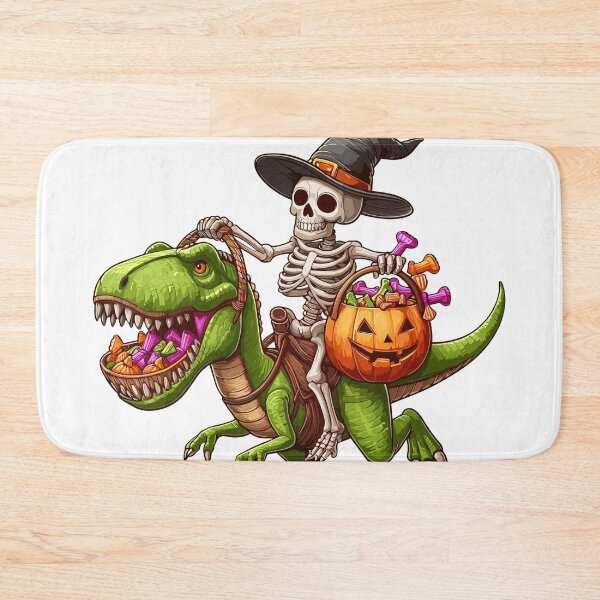 Item preview, Witch Skeleton Riding T-Rex with Halloween Candy designed and sold by Quirky Shirts.