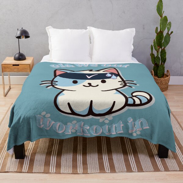 Item preview, cute gym white and blue cat with text claws out workout in and hes sweating designed and sold by cherrytheory.