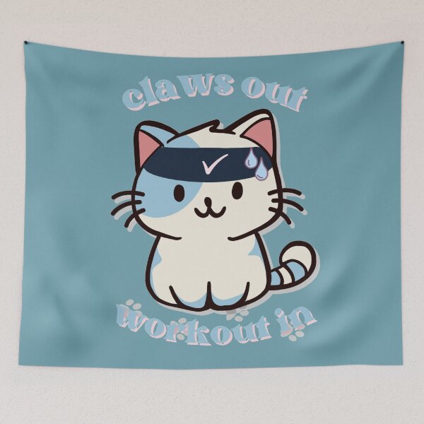 Item preview, cute gym white and blue cat with text claws out workout in and hes sweating designed and sold by cherrytheory.
