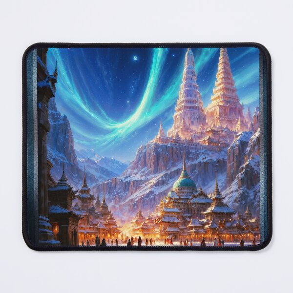 Item preview, Ethereal Aurora Over The Temple of Argrath Mountain Cityscape Astonishing AI Concept Art by Xzendor7 designed and sold by Xzendor7 Digital Art Creations.
