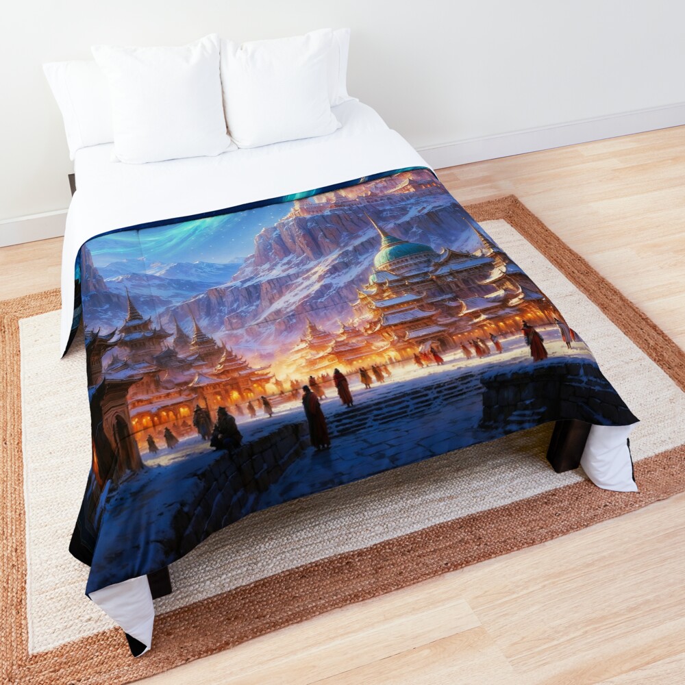 Ethereal Aurora Over The Temple of Argrath Mountain Cityscape Astonishing AI Concept Art by Xzendor7 Decorative Art Print Comforter